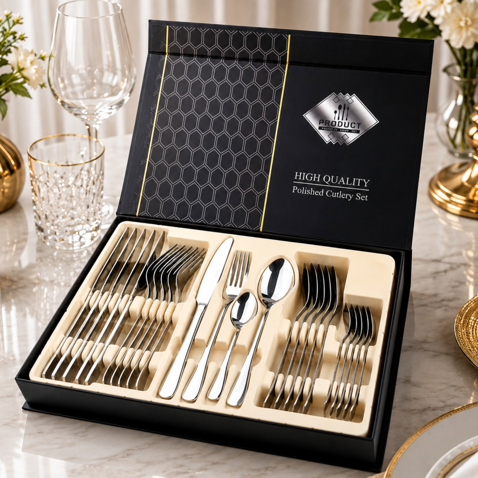 Set tacamuri stil portughez 24 piese argintiu din otel inoxidabil