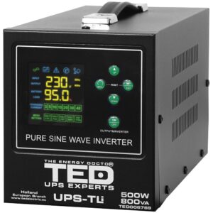 UPS pentru centrala termica (pe lemne / gaz) TED Electric 800VA/500W TED006769, unda sinusoida pura, borne externe, suporta acumulator Litiu / Pb Acid
